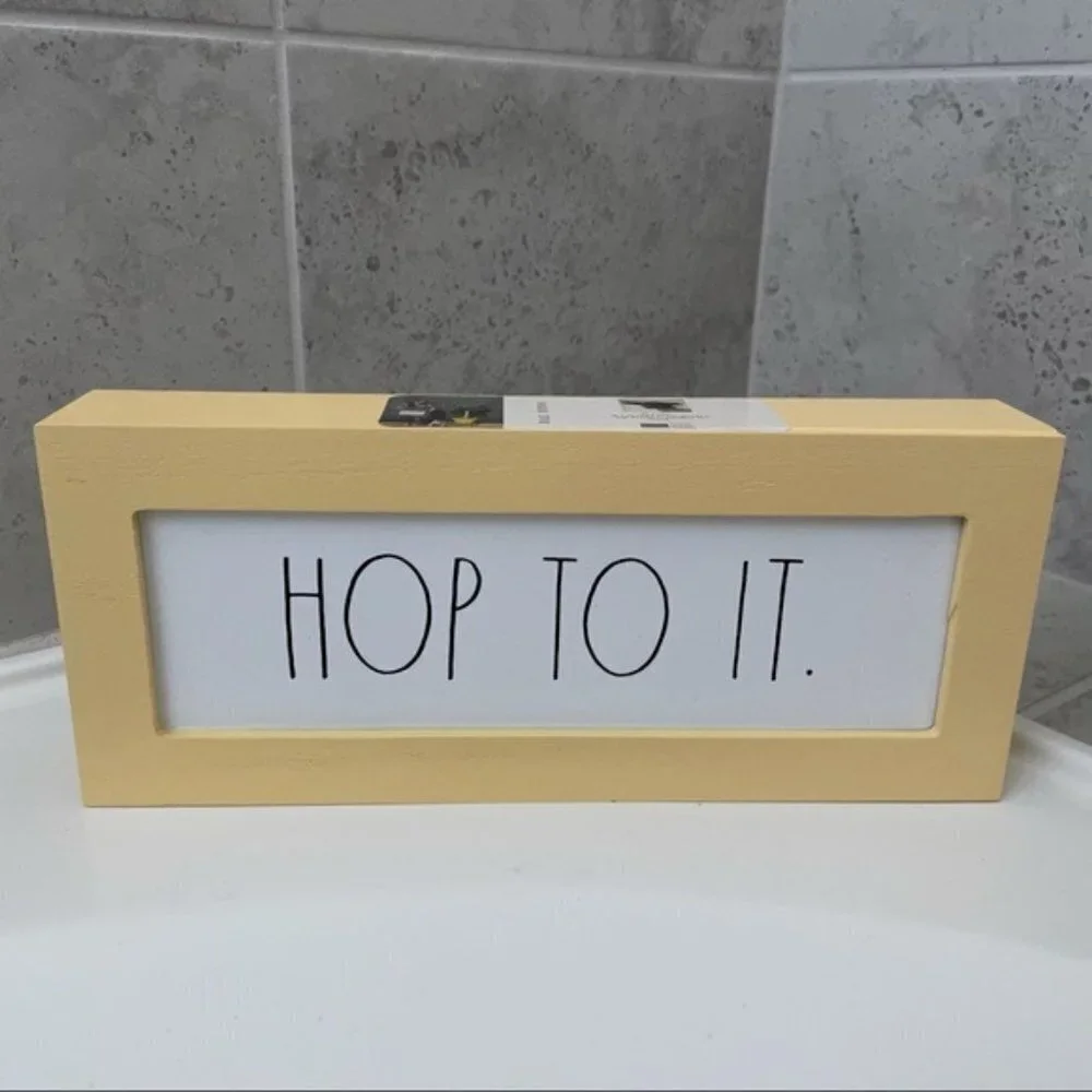 Rae Dunn “HOP TO IT” Wooden Sign in Yellow